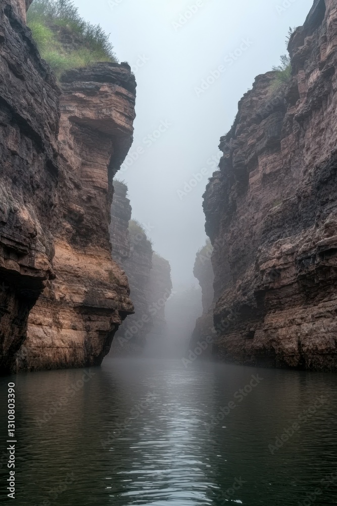 foggy river canyon with towering rock walls and calm water creates serene and mysterious atmosphere foggy river canyon with towering rock walls and calm water creates serene and mysterious atmosphere