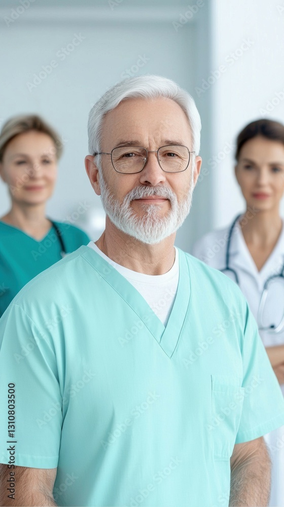 Senior male doctor in scrubs standing confidently with two female medical professionals in background Senior male doctor in scrubs standing confidently with two female medical professionals in background