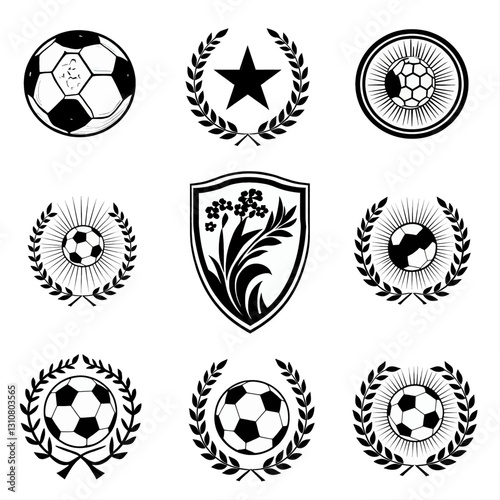 Soccer crests and soccer ball icons set vector
