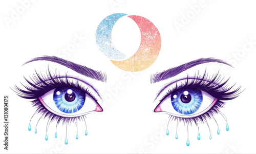 Sparkly Blue Eyes with Glitter Tears and Crescent Moon Icon
