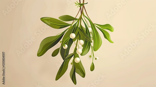 Minimalistic icon of a mistletoe with green leaves and white berries, clean lines, elegant design, in high resolution.