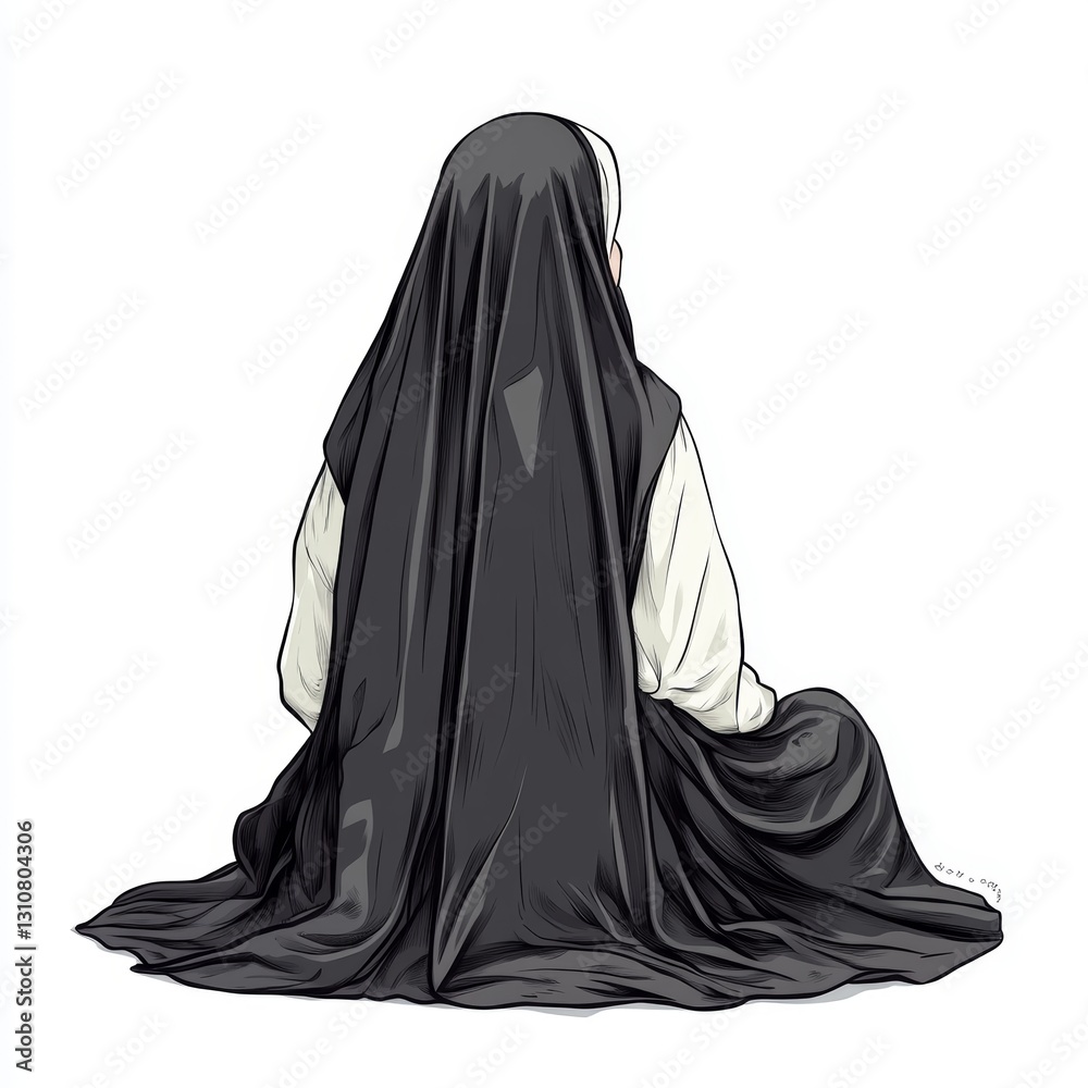 Woman in a nun's habit sits on the ground Woman in a nun's habit sits on the ground