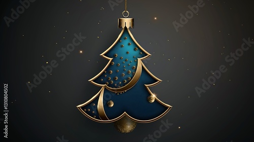 Minimalistic icon of a Christmas tree ornament in blue and gold colors, clean lines, elegant design, in HD.