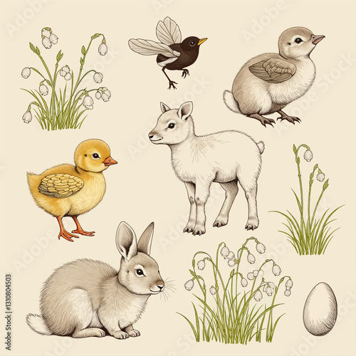 Springtime animals and snowdrop flowers illustration on beige