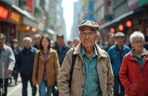 Crowded Asian city street view with elderly people, middle aged and young adult persons. Daily life in downtown. Urban tourism, sightseeing, city break, travel destinations in China, Japan.