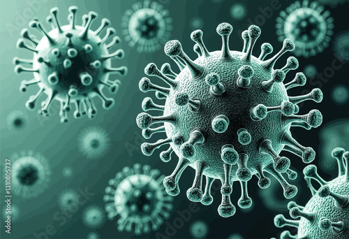 Teal toned coronavirus virions with spike proteins