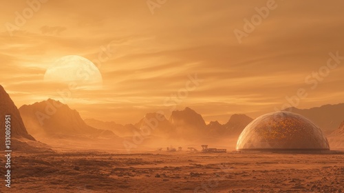 futuristic Martian landscape with domed habitat and terraforming machines under glowing sun