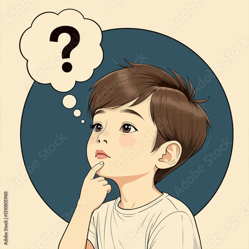 Thinking Little Boy with Question Mark in Thought Bubble