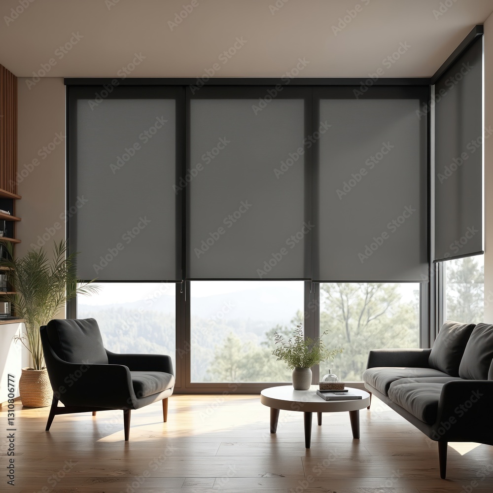 Fototapeta premium Bright stylish modern living room with roller blinds sunscreen. Minimalist interior with comfortable sofa, armchair, wooden floor. Big windows overlooks nature landscape. Blackout window shades