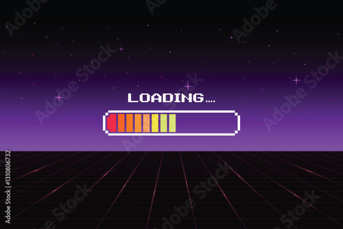 LOADING bar. pixel art. 8 bit. Retro Futurism Sci-Fi Background. glowing neon grid and star from vintage arcade computer games.