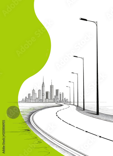 Urban Roadway Drawing with Green Accent and Distant Cityscape