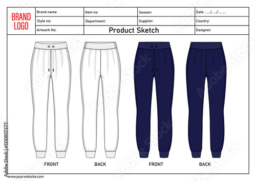 Sweatpant technical drawing template for ladies with tech pack details