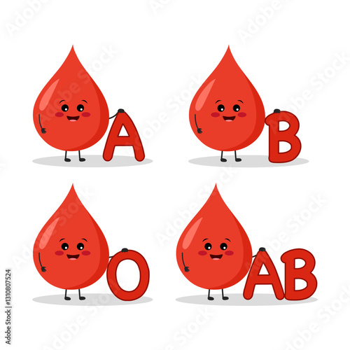 Cute blood drop with O A B AB group characters set. Human blood group types in flat design on white background.