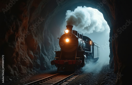 Old steam train emerges from tunnel with smoke. Locomotive on railroad track emits steam, soot. Vintage engine, historic mode of transport. Antique powerful machine. Travel by rail concept. Journey