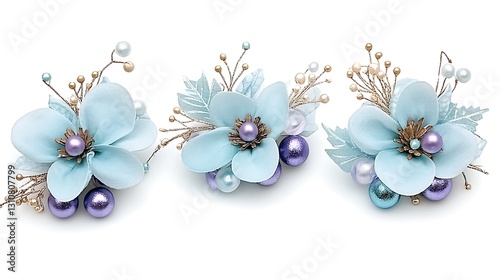 Elegant Light Blue Flower Hair Clips with Pearls and Gold Accents Wedding Bridal Hair Accessories