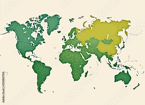 Vintage Green and Yellow Colored World Map
