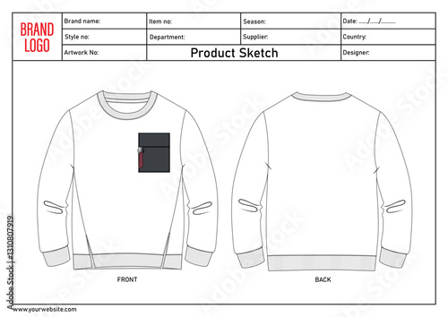 Sweatshirt technical drawing vector illustration template with tech pack details
