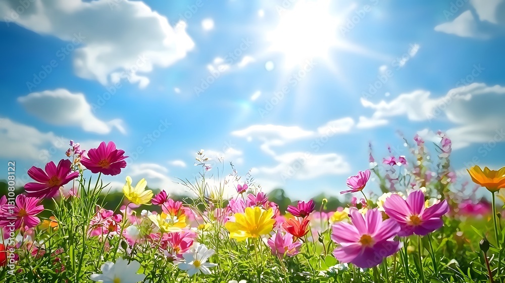 Beautiful Field Of Colorful Flowers Under A Bright Blue Sky Beautiful Field Of Colorful Flowers Under A Bright Blue Sky