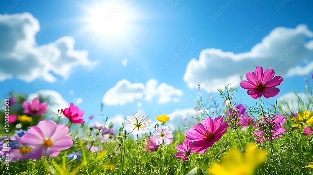 A beautiful field of colorful wildflowers under a blue sky