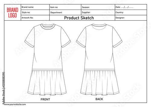 T shirt tops with skirt technical drawing fashion flat sketch vector illustration template for baby girls with tech pack details