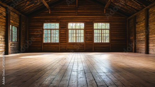 Empty rustic wooden cabin interior with large windows. Ideal for showcasing rustic designs, furniture, or peaceful settings.