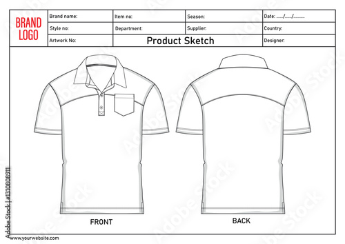 Polo shirt technical drawing template with tech pack details