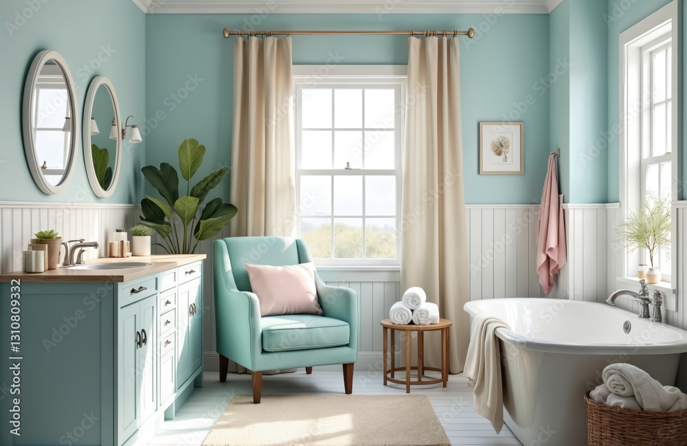 Fototapeta premium Coastal themed bathroom, nautical color palette. Beach inspired decor. Interior of home room, house with sink, bathtub, window, luxury furniture, light blue wall, blue armchair. Interior design