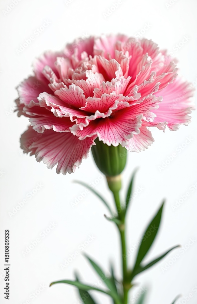 Close-up of beautiful pink carnation flower with white streaks isolated on white background. Macro photo of bloom, stem, leaves. Floral design element, present for Mothers Day or Valentines Day. Close-up of beautiful pink carnation flower with white streaks isolated on white background. Macro photo of bloom, stem, leaves. Floral design element, present for Mothers Day or Valentines Day.
