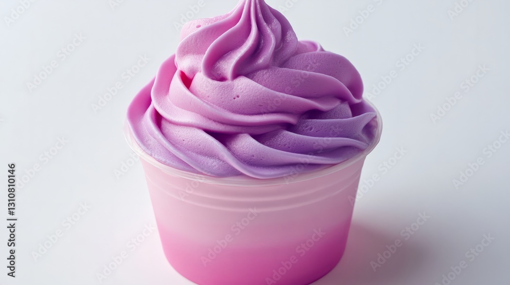 Pale pink and lavender gradient soft cream, served in a plastic cup, white background Pale pink and lavender gradient soft cream, served in a plastic cup, white background