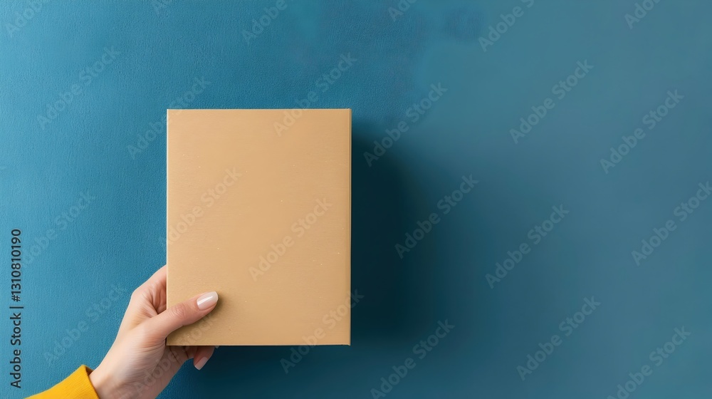 Minimalist Hand Holding Square Box on Blue Background Minimalist Hand Holding Square Box on Blue Background