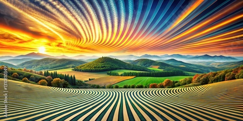 Striped Sunset Over Rolling Hills and Cultivated Fields, a Vibrant Landscape Image