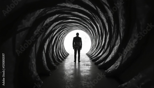 Gun barrel effect with man in suit standing at end of tunnel. Twisted walls, glossy reflections, light at end. Concept for spy, gangster, agent movies. Business challenge metaphor. photo