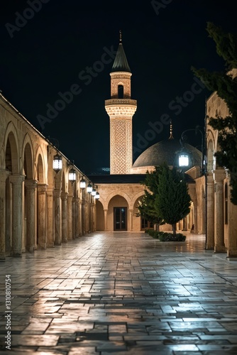 A mosque courtyard at night, with only the soft glow of lanterns lighting the way. The peaceful atmosphere invites quiet prayer and reflection