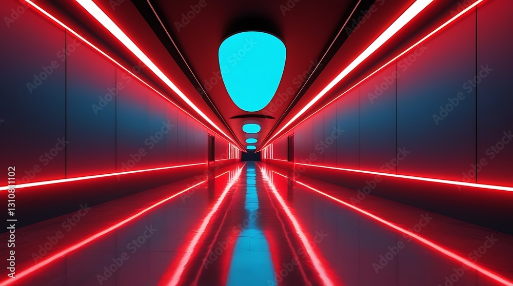 custom made wallpaper toronto digitalFuturistic neon-lit corridor with glowing red and blue LED lights, reflective floor, and sleek metallic walls, creating a sci-fi, cyberpunk atmosphere, perfect for modern backgrounds

