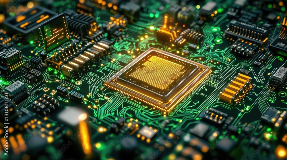 Obraz premium Close-up of Electronic Circuit Board with Green Lights
