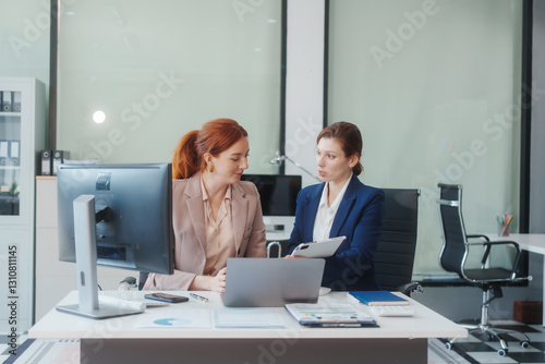 Obraz na płótnie Two Caucasian women work in an office, happily using laptops and computers at a desk, discussing financial projects, analyzing financial statements,collaborating in a meeting to ensure effective w salonie