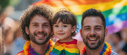 Two joyful men and a child celebrate pride together in a vibrant parade setting, surrounded by colorful flags