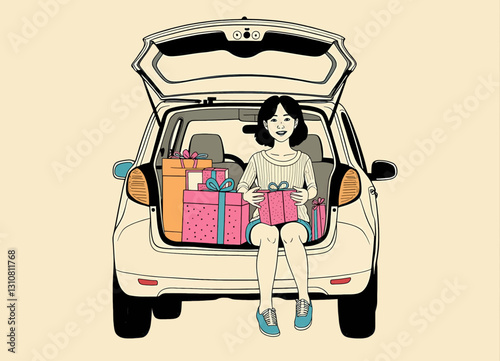 Young woman with gifts in the trunk of her car