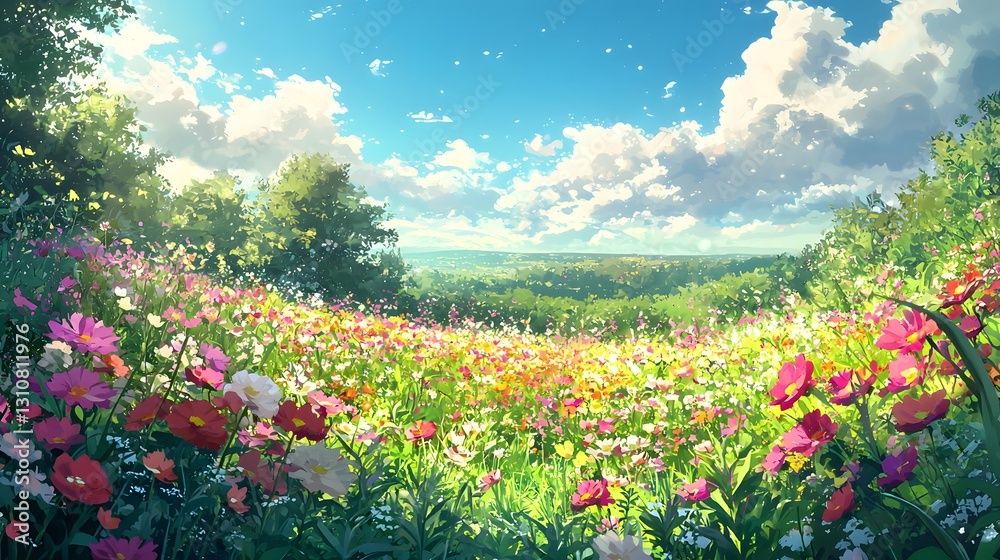 A vibrant field of colorful wildflowers under a blue sky A vibrant field of colorful wildflowers under a blue sky