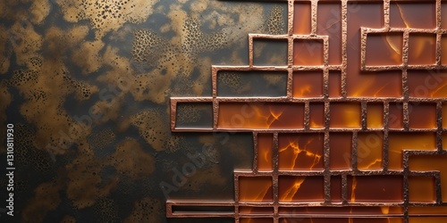 Abstract copper and bronze textured tile composition with unique geometric step pattern