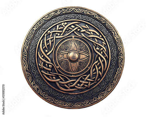 Ornate Celtic-Inspired Metal Shield with Intricate Knotwork On Transparent Background Generative Ai