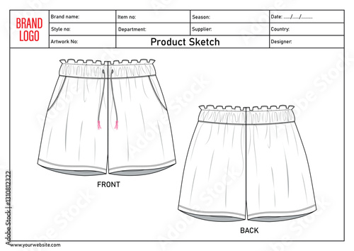 Shorts pant vector illustration template with tech pack details