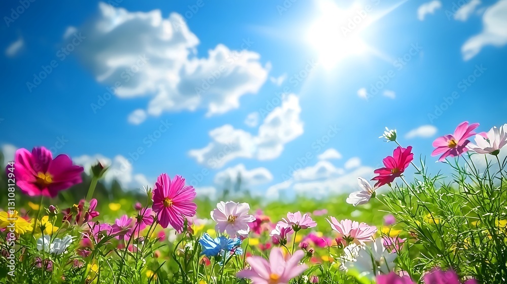 Bright sunny sky illuminates colorful flowers on a green field Bright sunny sky illuminates colorful flowers on a green field