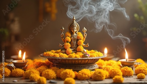 Altar with Saraswati idol decorated with yellow flowers, burning incense. Traditional hindu Vasant Panchami celebration. Spiritual indian culture, faith, holiday, religion, ceremony, devotion, photo