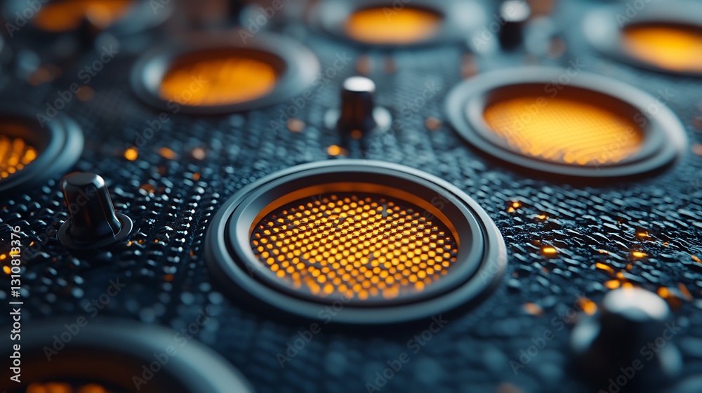 Fototapeta premium Close-up of futuristic metallic surface with illuminated circular elements.