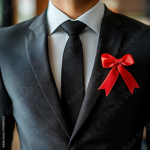 Close-up of man in suit with red ribbon.
