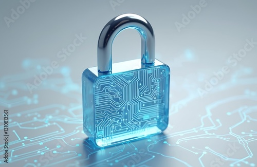 Padlock icon with circuit board background. Generative AI tech security. Digital data protection, privacy concept. Computer hardware, software safety. Authentication, authorization, firewall.