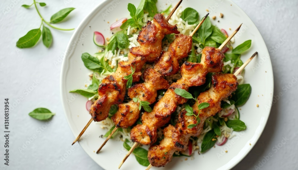 Fototapeta premium Grilled chicken skewers with fresh salad on a white plate perfect culinary