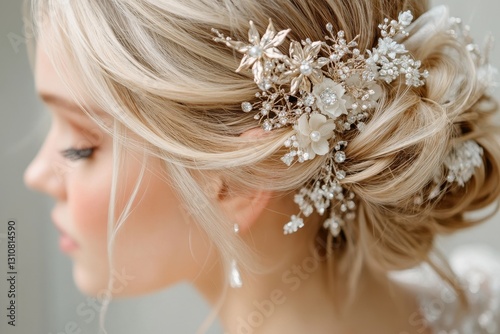 Elegant blonde bride with jeweled hairpiece. Perfect for wedding blogs, bridal sites, or hair accessory advertising. photo
