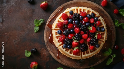 delicious waffle with fresh berries and syrup photo
